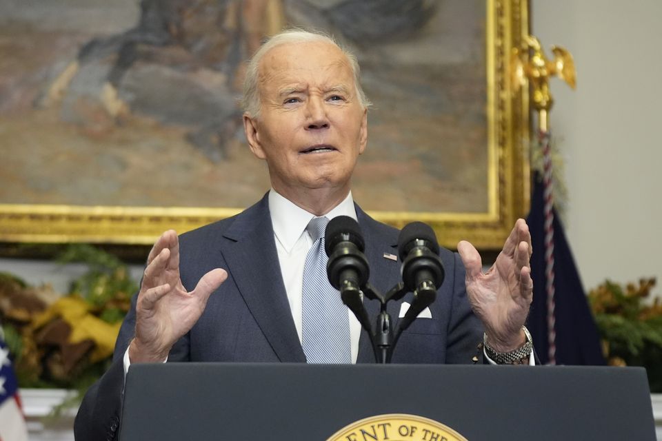 President Joe Biden speaks about the sudden collapse of the Syrian government under Bashar Assad from the Roosevelt Room at the White House (AP Photo/Manuel Balce Ceneta)