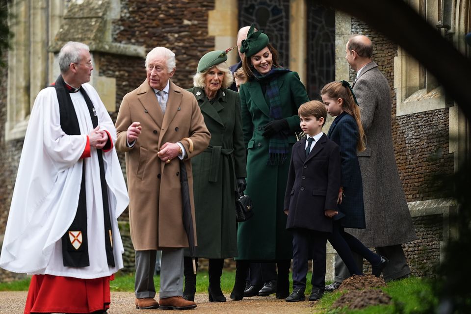 Charles speaks to the vicar following the service at St Mary Magdalene Church (Aaron Chown/PA)