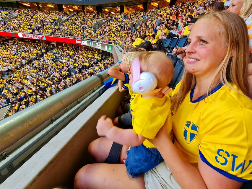 Johanna and Elsie-Mae at a football match in Sweden