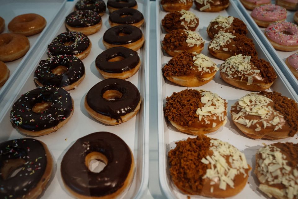 This photograph taken on December 4, 2023, shows doughnuts at Krispy Kreme during a press preview at a restaurant in central Paris. The first Krispy Kreme restaurant of the US multinational Company, will open in Paris, on December 6, 2023. (Photo by Dimitar DILKOFF / AFP) (Photo by DIMITAR DILKOFF/AFP via Getty Images)