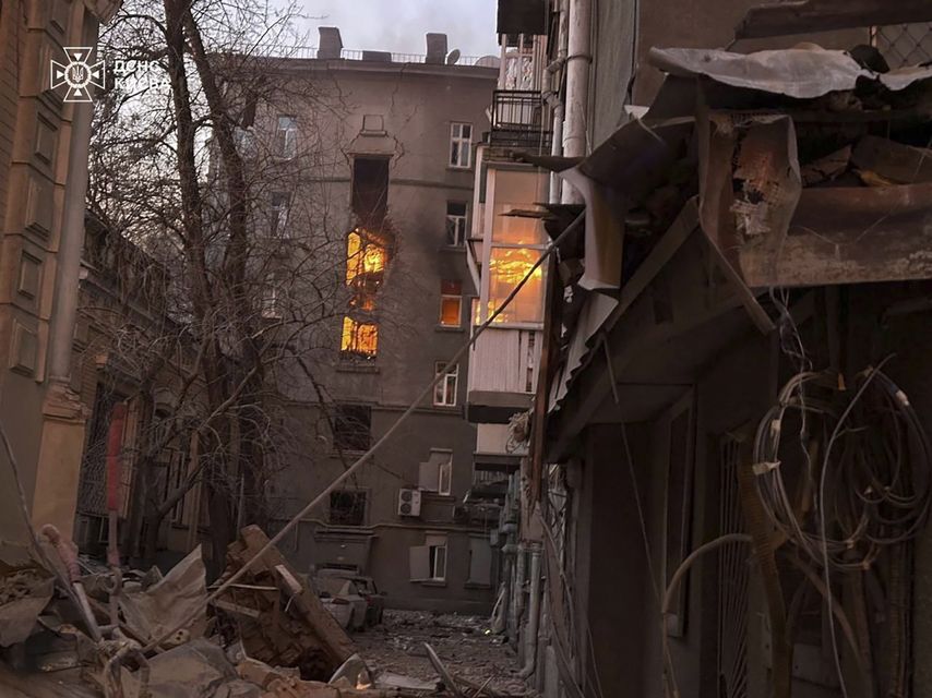 A residential building is seen damaged by a Russian drone strike in the city centre of Kyiv, Ukraine. (Ukrainian Emergency Service/AP)