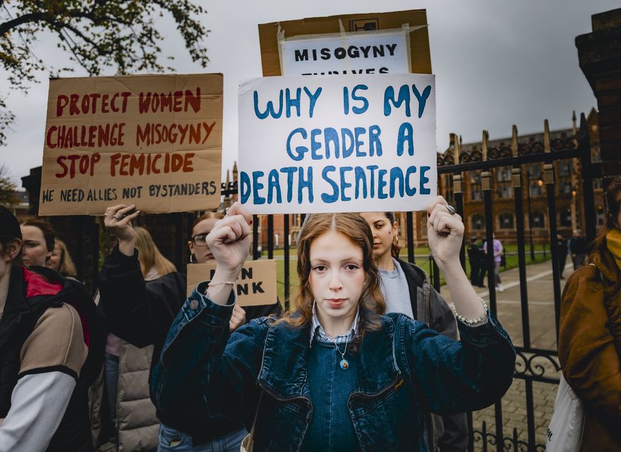 A protest against gender based violence takes place outside Queens University in Belfast on October 16th 2024 (Photo by Kevin Scott)