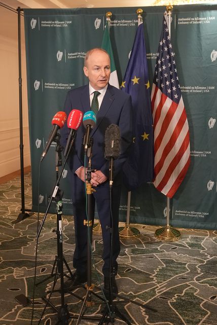 Taoiseach Micheal Martin speaking to the media in Washington DC (Niall Carson/PA)