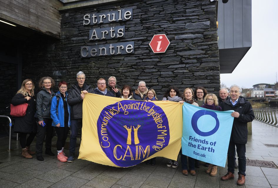 Protesters against a proposed gold mine in Co Tyrone outside the Strule Arts Centre in Omagh ahead of a public inquiry into the application (Liam McBurney/PA)