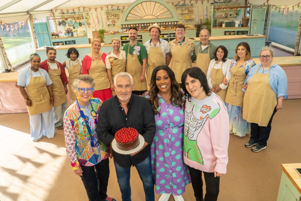 Prue Leith with  Great British Bake Off co-judge Paul Hollywood and presenters Alison Hammond and Noel Fielding