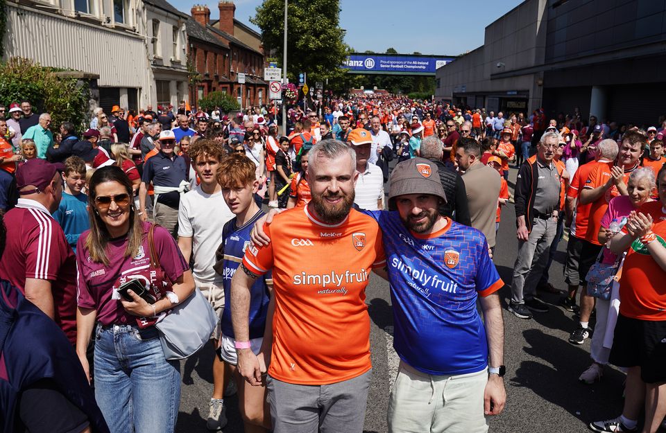 Niall (left) and Declan McNally, brothers of Natalie McNally, after finishing their Craigavon To Croker Charity Walk’ in time for the All-Ireland football final (Brian Lawless/PA)