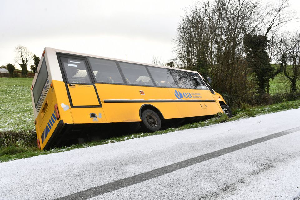 A school bus left the Tattygar Road in Lisbellaw, Co Fermanagh on Wednesday morning.
Photo by Press Eye