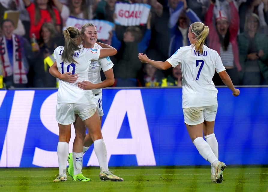 Alessia Russo (second left) scored an audacious back-heeled shot during England’s 4-0 Euro 2022 semi-final win over Sweden (Danny Lawson/PA)