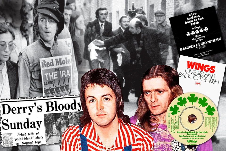 John Lennon, with his wife Yoko Ono, displays a pro-IRA poster at a rally; Bishop Edward Daly during Bloody Sunday; Paul McCartney in 1972 with Wings’ Northern Ireland  guitarist Henry McCullough, who ‘got flak’ after Give Ireland Back To The Irish was released