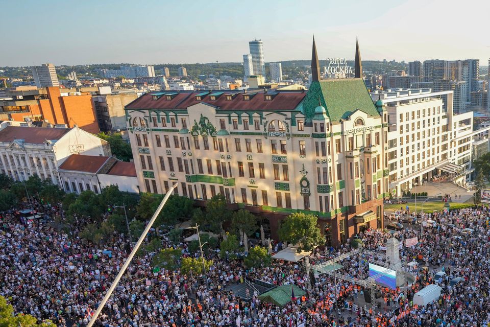 Thousands of people gathered in Belgrade for a rally against lithium mining in Serbia (Darko Vojinovic/AP)