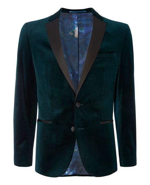 Teal slim fit velvet jacket with contrast satin lapel, £159