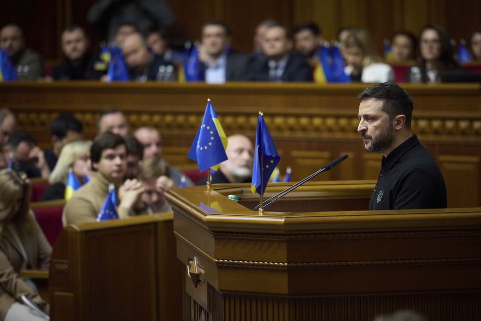 Ukraine’s President Volodymyr Zelensky speaks to parliamentarians at Verkhovna Rada in Kyiv (Press Service Of The President Of Ukraine/AP)