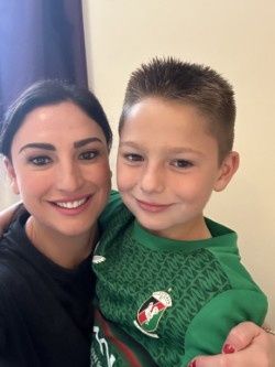 Jamie Young with her son Charlie Young, centre midfielder for Glentoran U8s