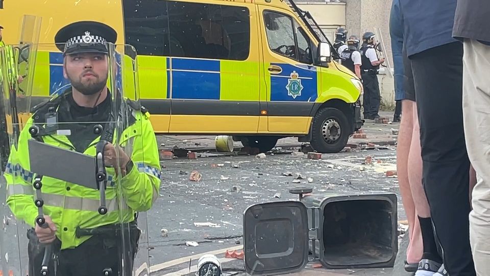 Trouble flares during a protest in Southport, after three children died in a stabbing during a Taylor Swift event at a dance school (Richard McCarthy/PA)