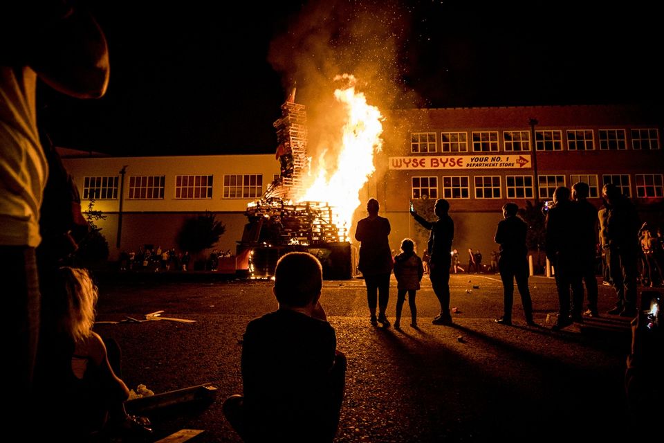 The replacement bonfire at the Walkway - relocated to Connswater shopping centre is lit in Belfast on July 12th 2018 (Photo by Kevin Scott for Belfast Telegraph)
