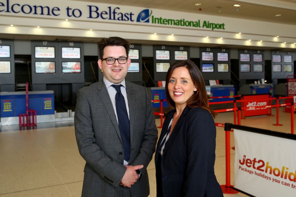 Chris McGarry, IT Manager at Belfast International Airport, with Joanne McPoland, BT Business and Public Sector. Belfast International Airport provides customers with premium quality free Wi-fi supported by BT Business