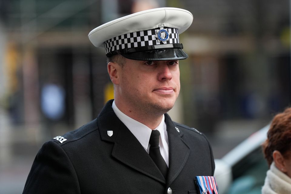 Sergeant Mike Hooper of Leicestershire Police arriving at Leicester City Hall (Jacob King/PA)