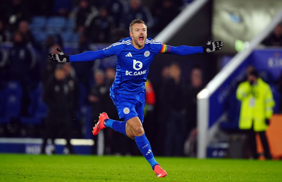 Jamie Vardy celebrates his early goal (Mike Egerton/PA)