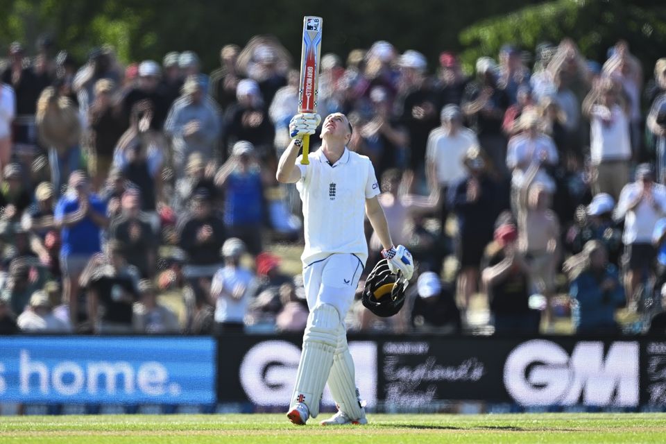 Harry Brook celebrates after reaching his century (Andrew Cornaga/AP)