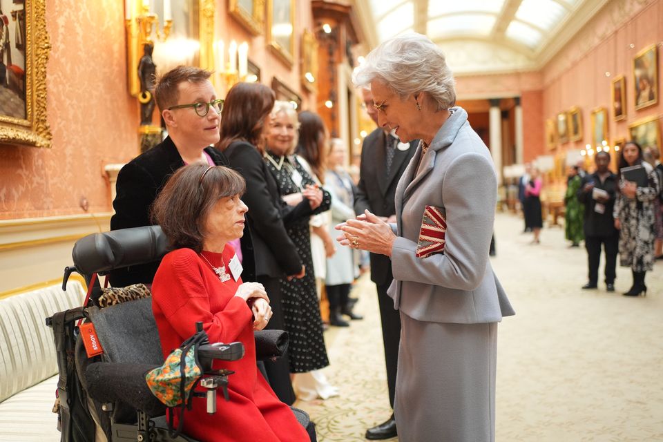 The Duchess of Gloucester talks with Liz Carr during the reception (Yui Mok/PA)