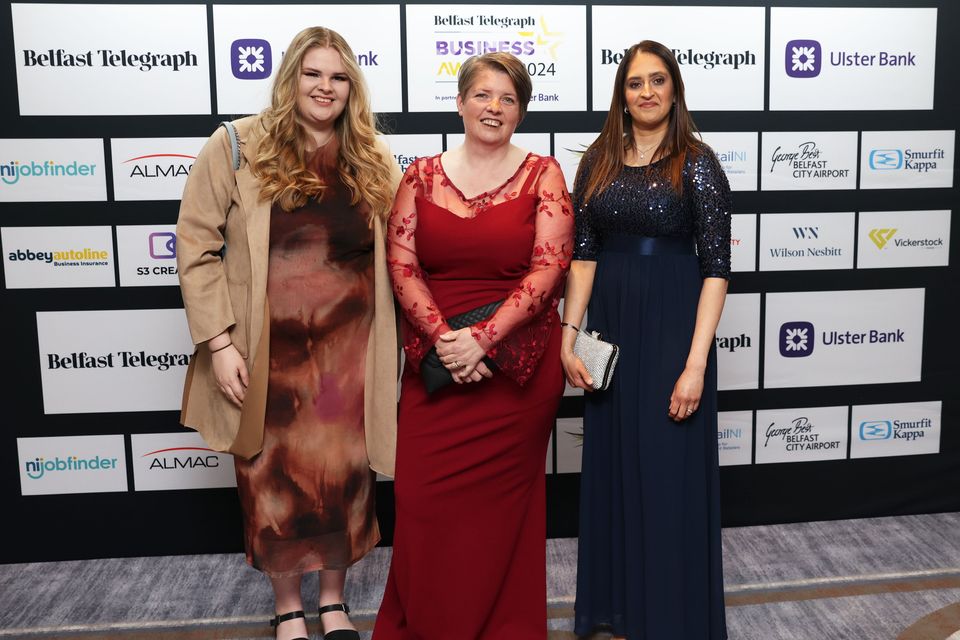 Sarah Taylor, Eileen Taylor and Saima Akran attending the Belfast Telegraph Business Awards 2024 at the Crowne Plaza, Tuesday, May 2, 2024.  Picture by Peter Morrison