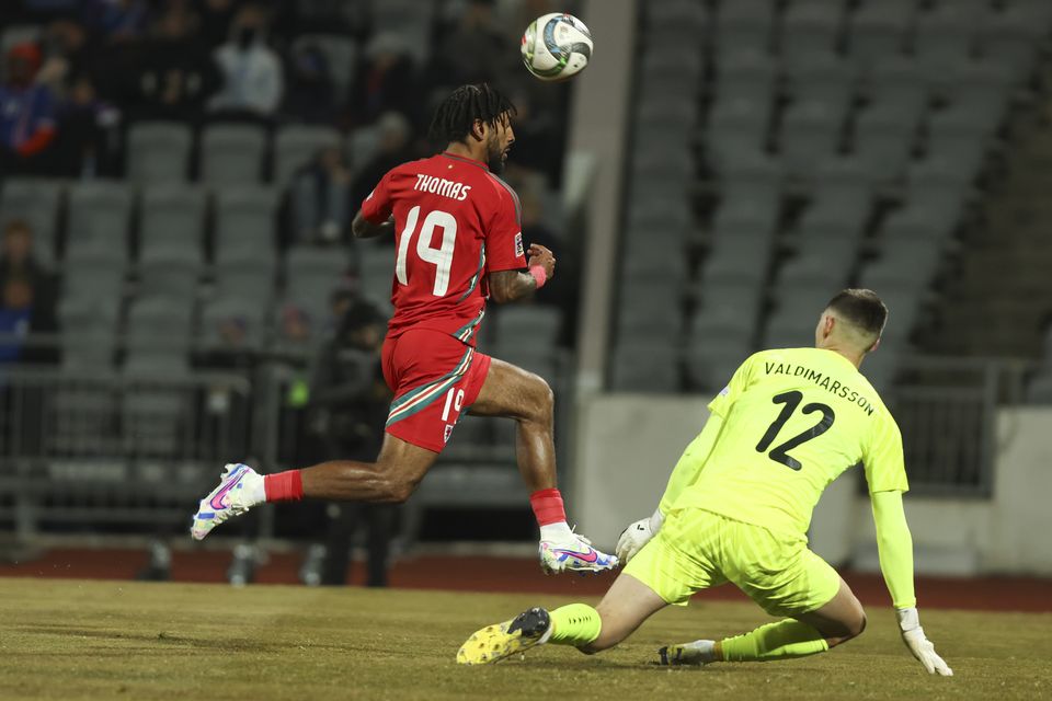 Sorba Thomas misses a great chance to give Wales a 3-0 lead in Iceland (Arni Torfason/AP)