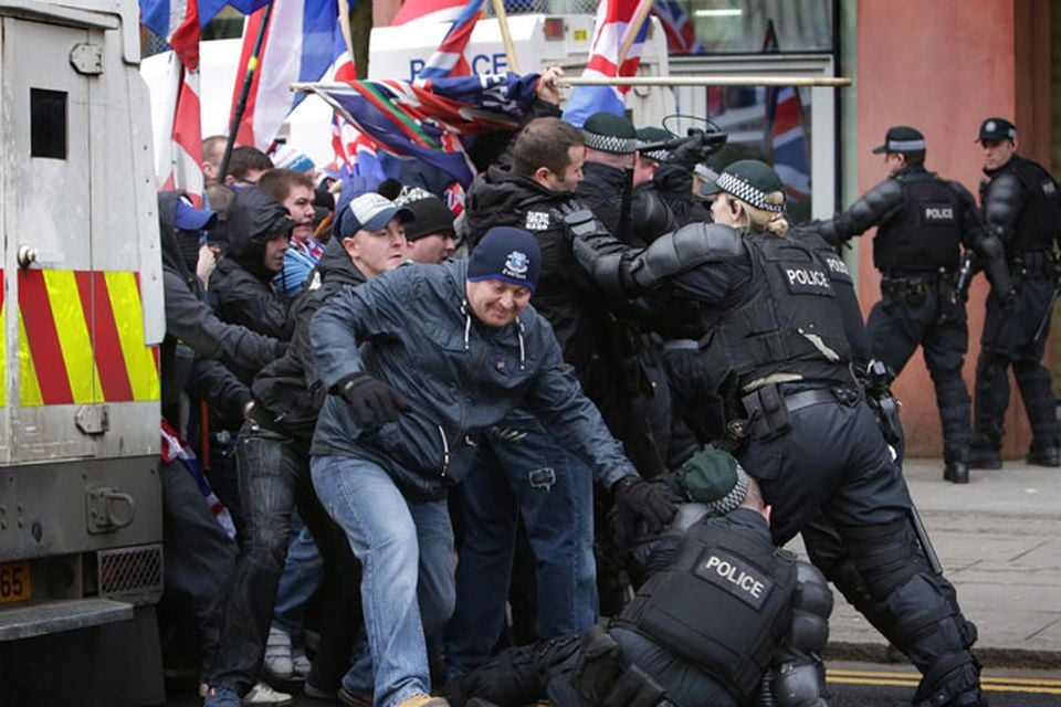 Loyalist protestors converge on Belfast City Hall. Picture date: Saturday January 5, 2013