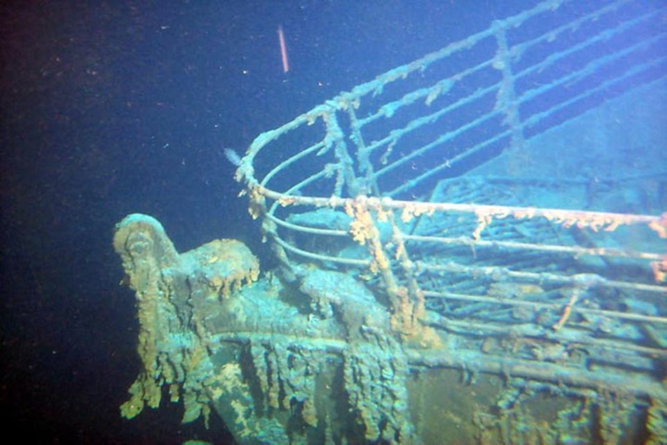 Bow of Titanic - Photographed by Leonard Evans on 2 September 2000 from submersible Mir-1 -- 2.35 miles below surface of Atlantic Ocean.