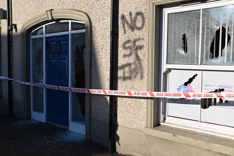 A Broughshane community building had its windows smashed and was targeted with anti Sinn Fein graffiti overnight. PACEMAKER BELFAST  27/11/2024