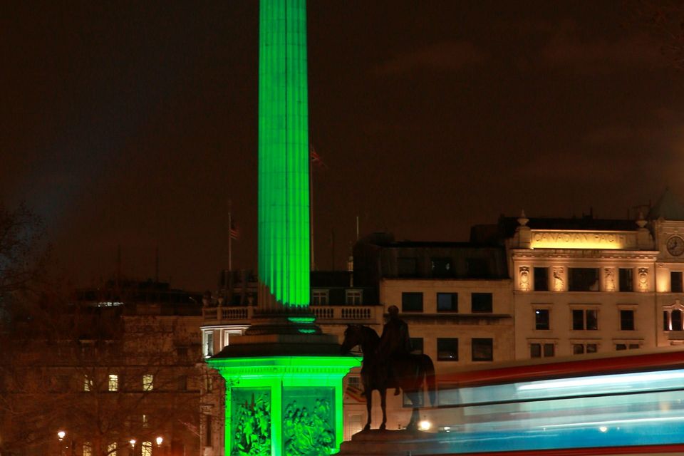 Nelson's Column in Trafalgar Square, London is lit green by Tourism Ireland in celebration ahead of St Patrick's Day, on Tuesday 17th.