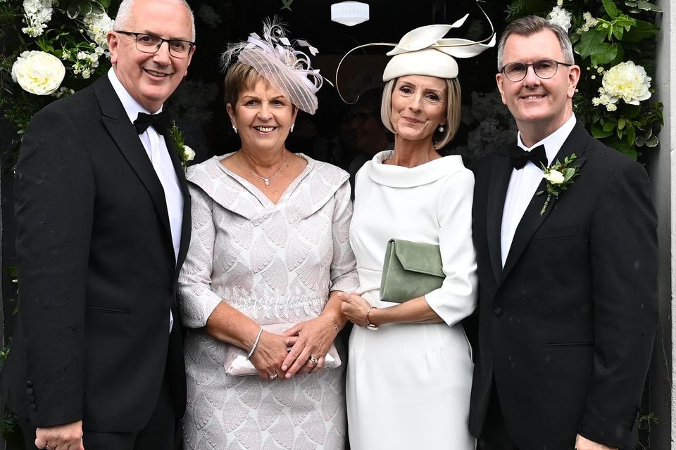 From L-R Danny and Karen Kennedy and Eleanor and Jeffrey Donaldson’s as Happy Couple Philip and Laura got married at Dromore Presbyterian Church on Thursday. Pic Colm Lenaghan/Pacemaker