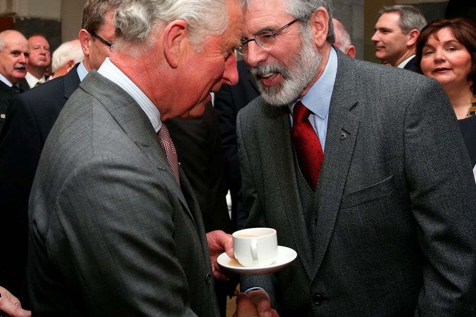 Prince Charles shakes hands with Sinn Fein president Gerry Adams at the National University of Ireland on May 19, 2015 in Galway (Photo by Brian Lawless - WPA Pool/Getty Images)