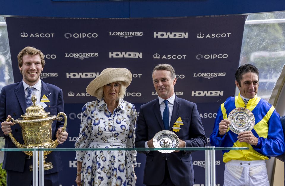 Owner Baron Philip Von Ullmann, Queen Camilla, owner Francis-Henri Graffard and Christophe Soumillon during the presentation during the King George VI And Queen Elizabeth Qipco Stakes at the Qipco King George Day at Ascot Racecourse, Berkshire (Steven Paston/PA)