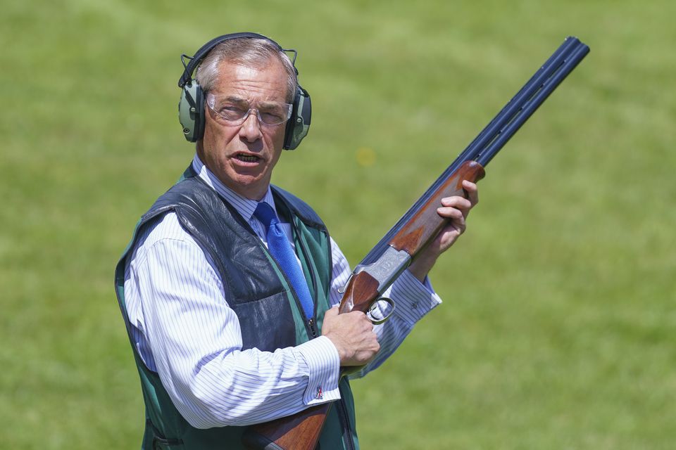 Reform UK leader Nigel Farage participated in some in clay pigeon shooting at Catton Hall in Frodsham, Cheshire (Dominic Lipinski/PA)