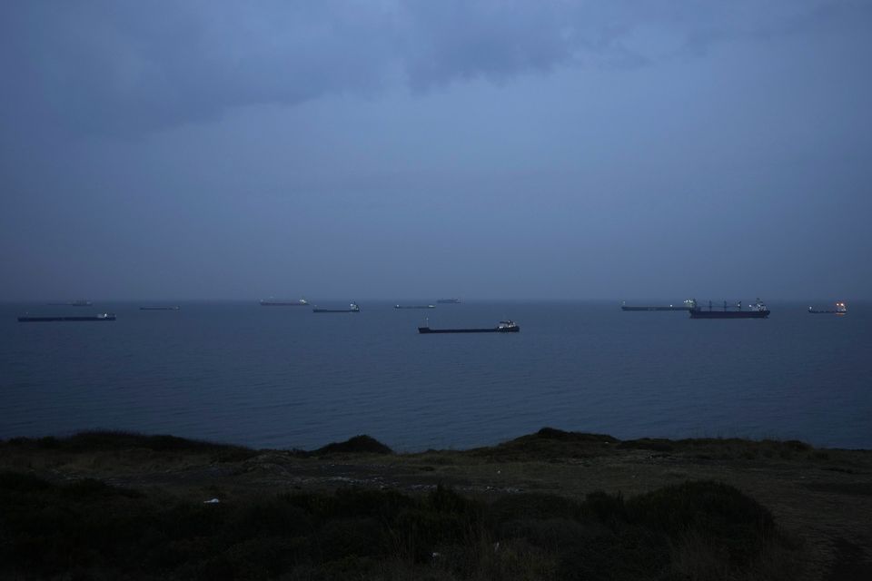 Cargo ships anchor at the Black Sea wait to cross the Bosporus strait in Istanbul, Turkey (Khalil Hamra/AP/PA)