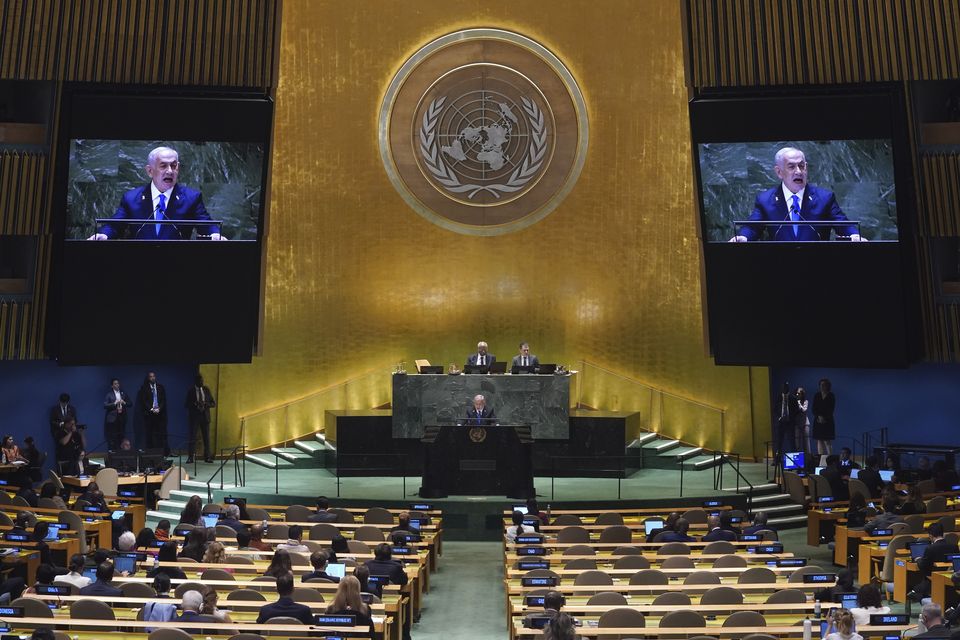 Israel Prime Minister Benjamin Netanyahu addresses the 79th session of the United Nations General Assembly (Richard Drew/AP)