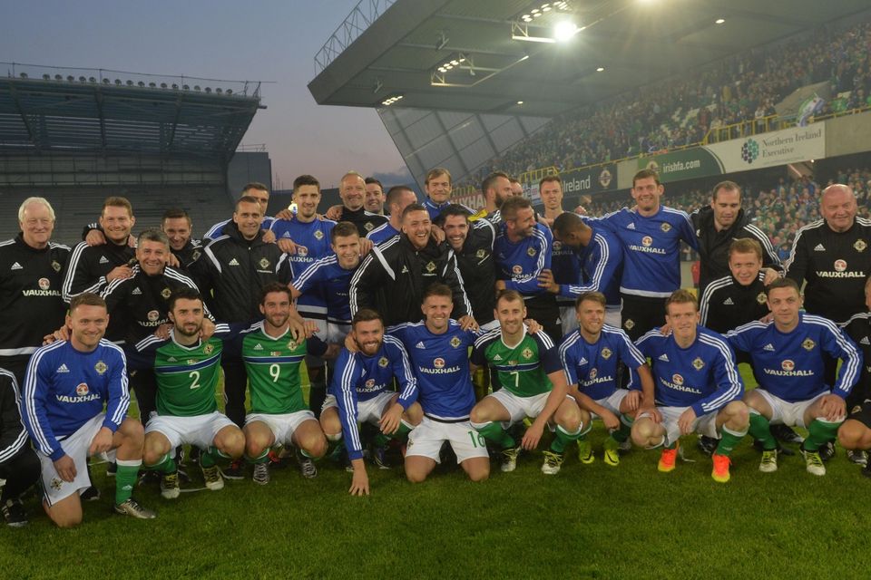 Northern Ireland players celebrate the final Windsor park home game before the Euro finals. Photo Colm Lenaghan/Pacemaker Press