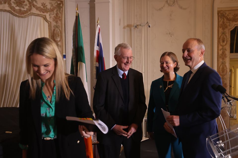 (l to r) Helen McEntee, Hilary Benn, Fleur Anderson and Micheal Martin after speaking at the conference (Liam McBurney/PA)