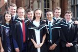 thumbnail: Queens University Environmental Planning graduates (L-R) Laura Conway (Armagh), Matthew Doak (Londonderry), Niall Boyd (Belfast), Conor McGarry (Ballycastle), Kerry Campbell (Armagh), John Murray (Larne), Diarmuid Mazarie (Newcastle) and Eoin Mulvaney (Newry) celebrate their graduation from Queens School of Planning, Architecture and Civil Engineering.
Photo/Paul McErlane