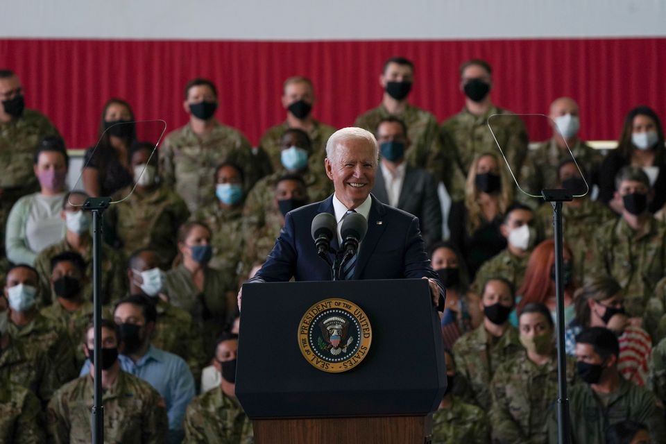 US President Joe Biden addresses US Air Force personnel at RAF Mildenhall in Suffolk (Joe Giddens/PA)