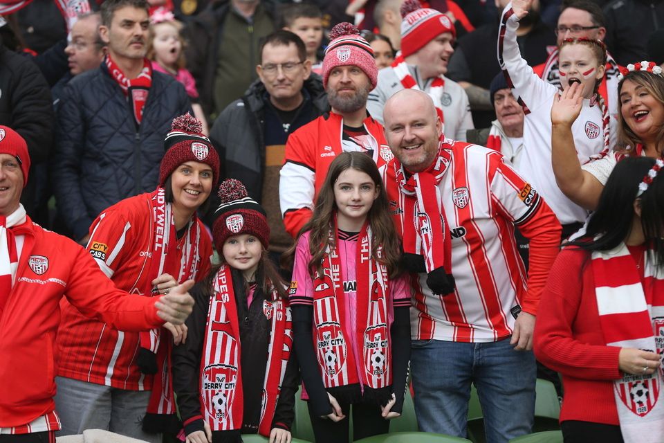 2024 Sports Direct FAI Cup Final, Aviva Stadium, Dublin 10/11/2024
Drogheda V Derry City
Derry fans before the game
Mandatory Credit ©INPHO/Lorcan Doherty