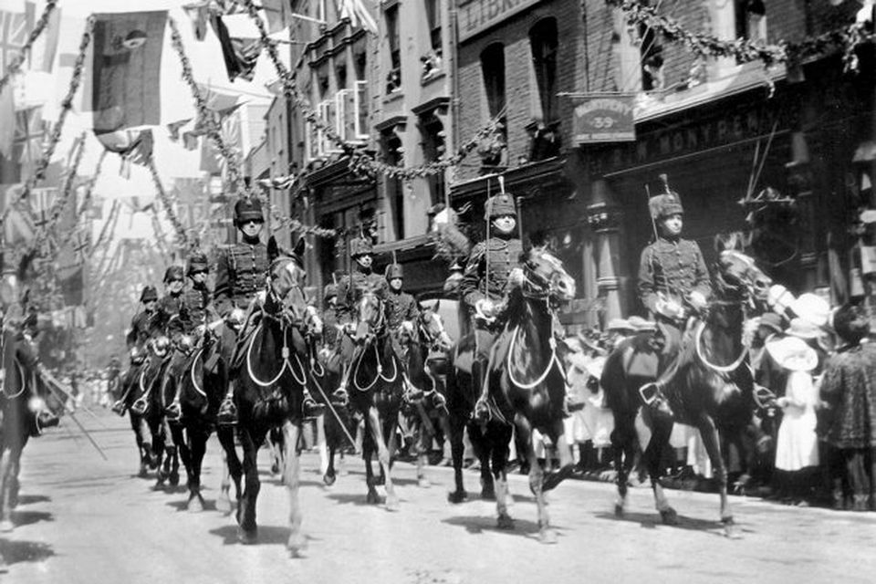 The 8th Royal Hussars lead the procession for King George V and Queen Mary down Grafton Street,Dublin during the Royal Visit in 1911