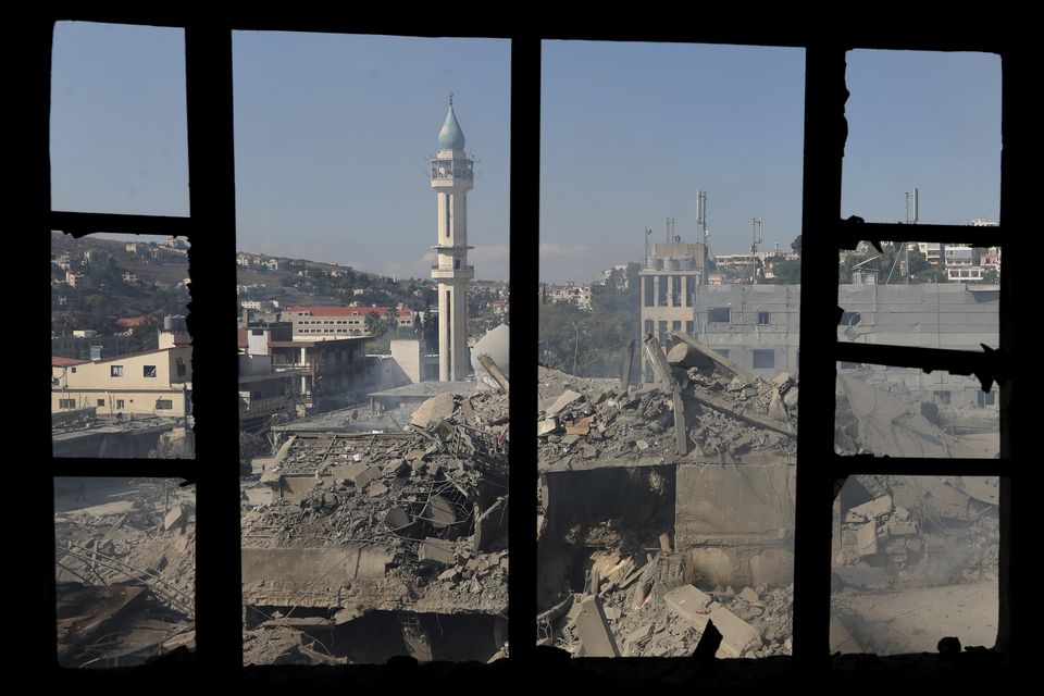 Destroyed buildings in a commercial street that was hit by Israeli airstrikes in Nabatiyeh (Mohammed Zaatari/AP)