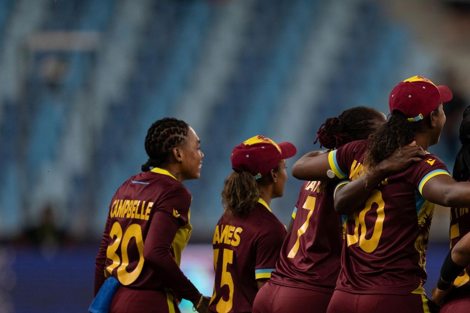 West Indies celebrate their win against England at the Dubai International Stadium (Altaf Qadri/AP)