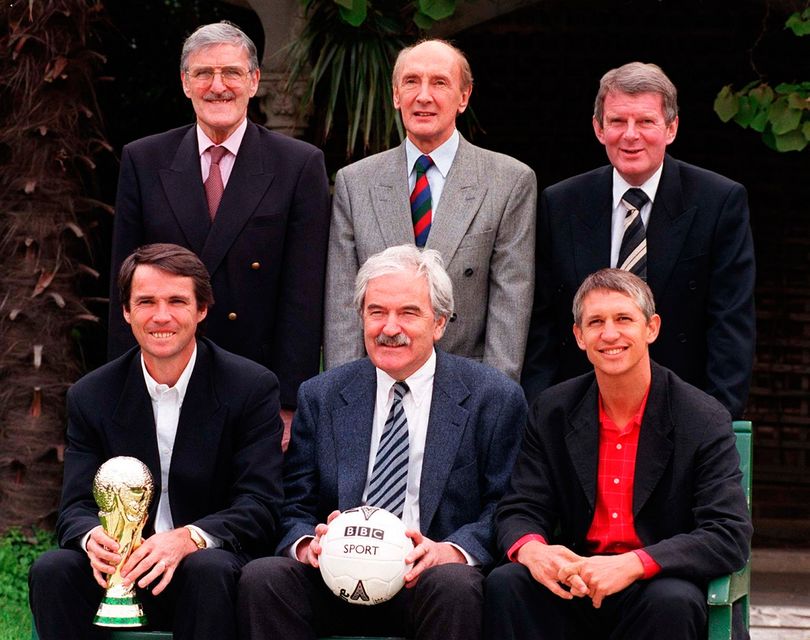 Gary Lineker with the BBC 1998 World Cup commentating team featuring Jimmy Hill, Barry Davies, John Motson, Alan Hansen and Des Lynam. John Stillwell/PA Wire