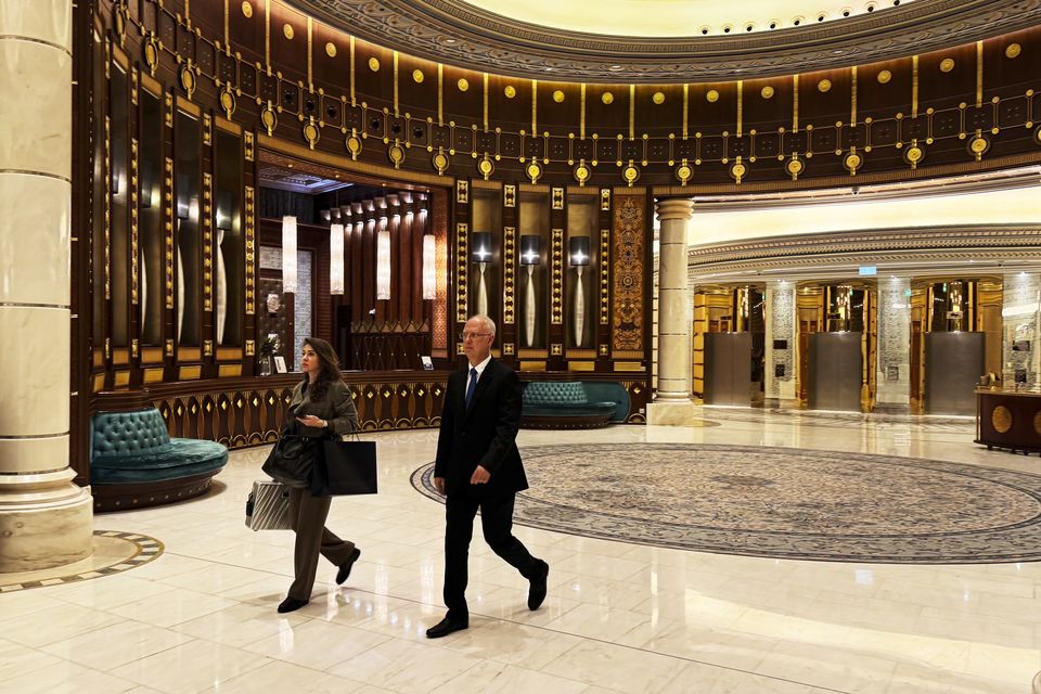 Kirill Dmitriev, the head of the Russian Direct Investment Fund, right, at the Ritz Carlton hotel in Riyadh (Baraa Anwer/AP)