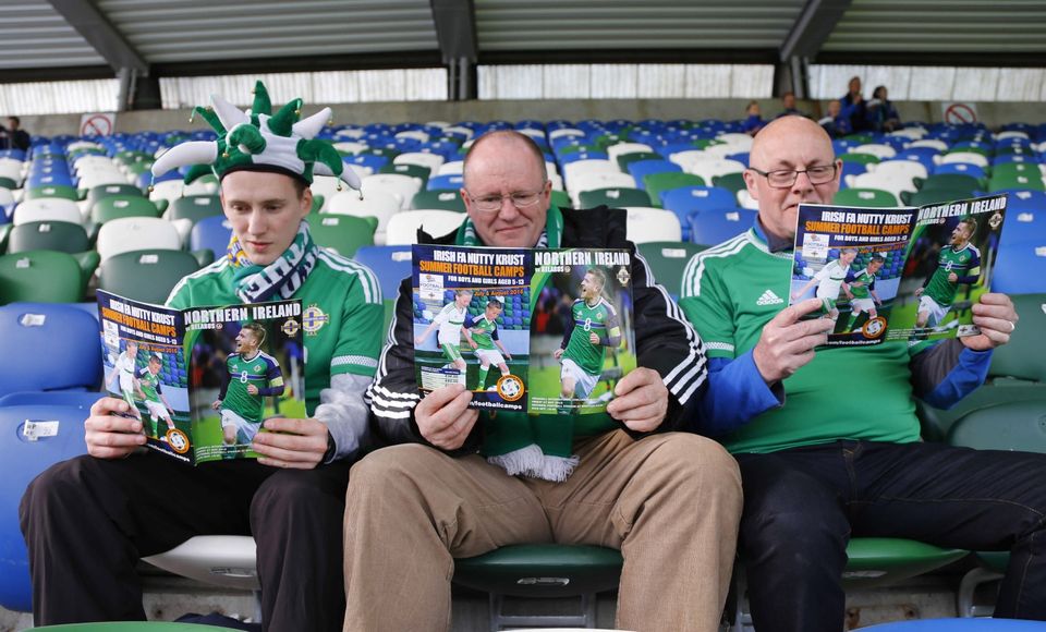 Picture - Kevin Scott / Presseye

Belfast , UK - May 27, Pictured is Northern Irelands Simon and Martin Thompson with Jeff Patterson in action during the last home game before heading to the Euros on May 27 2016 in Belfast , Northern Ireland ( Photo by Kevin Scott / Presseye)