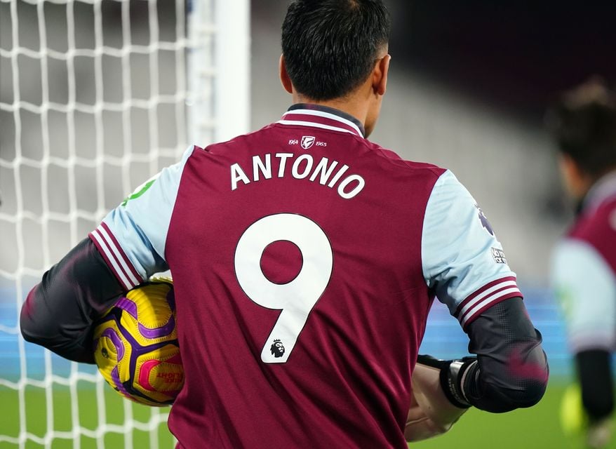 West Ham players warmed up ahead of their game against Wolves in ‘Antonio 9’ shirts (Zac Goodwin/PA).