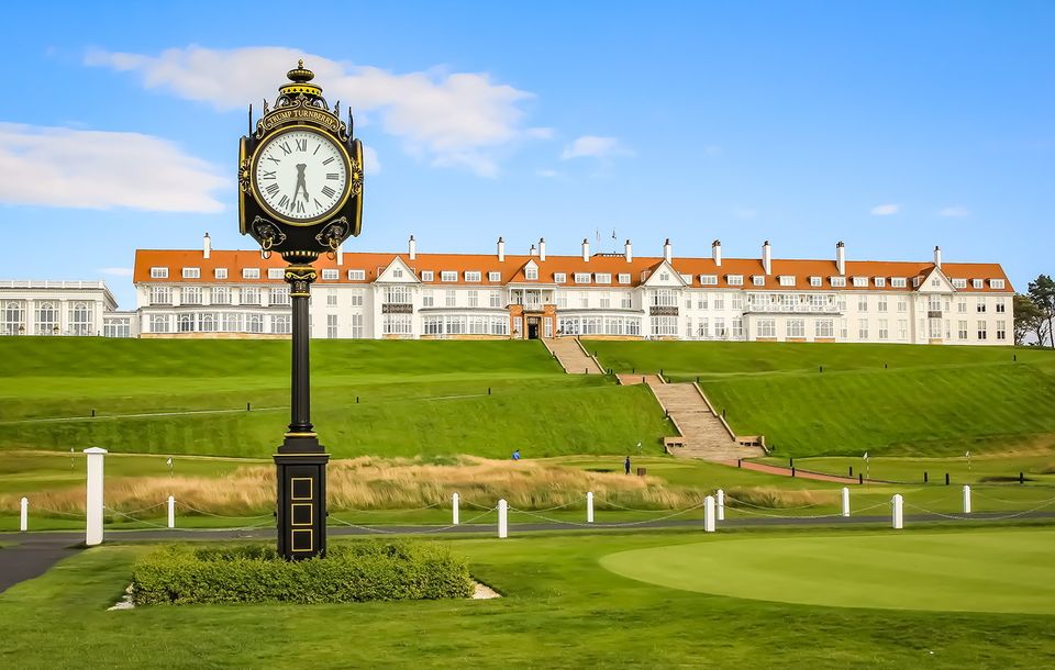 The view looking up to Trump Turnberry Hotel from the golf clubhouse