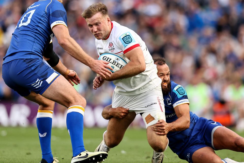 Stewart Moore drives forward with the ball during Ulster's URC Quarter-Final clash with Leinster